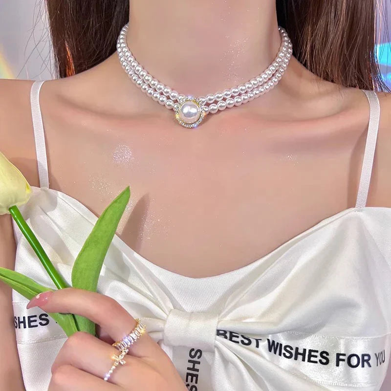 Rhinestone Pearl Necklace For Women Light Luxury Minority