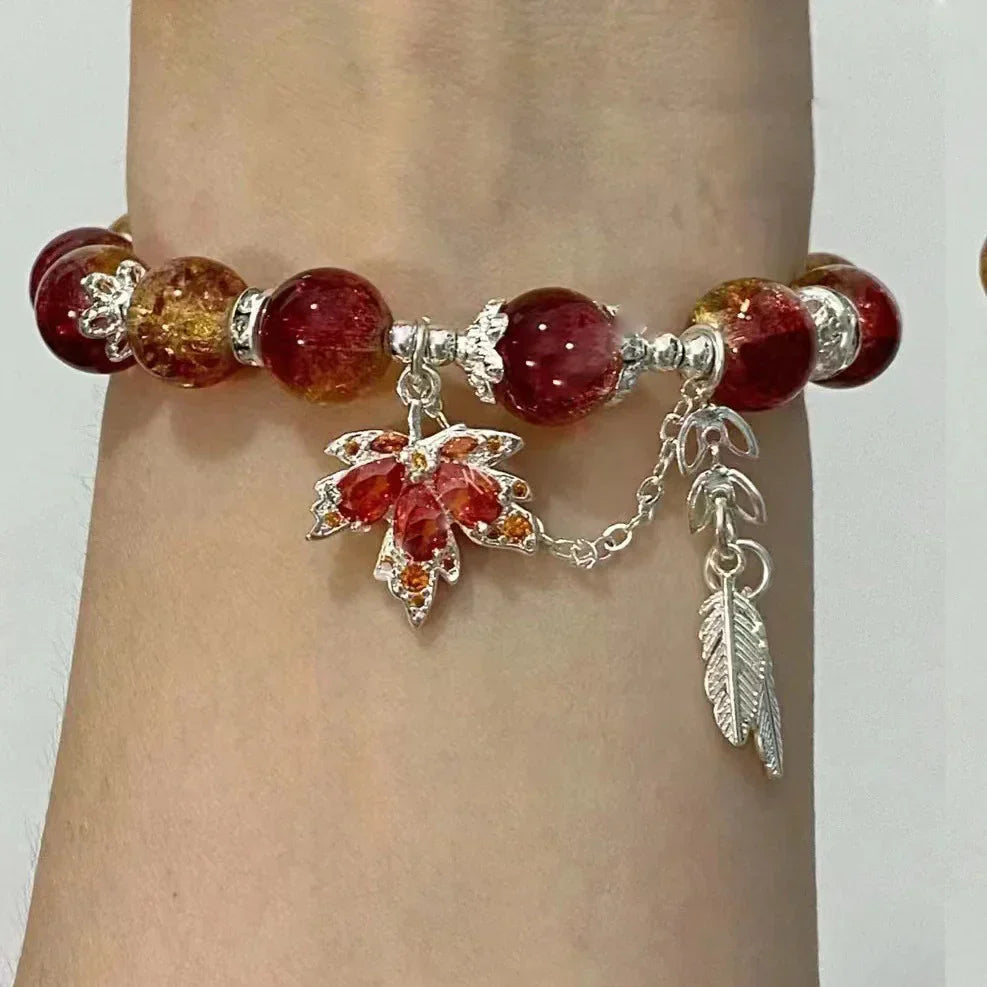 Maple Leaf Red Burst Beaded Bracelet