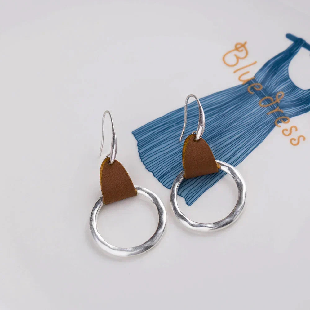 Simple Fashion Brown Leather Stitching Round Ring Earrings
