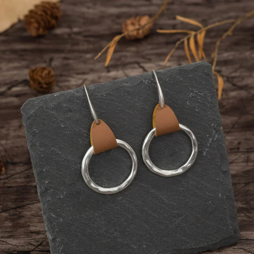 Simple Fashion Brown Leather Stitching Round Ring Earrings