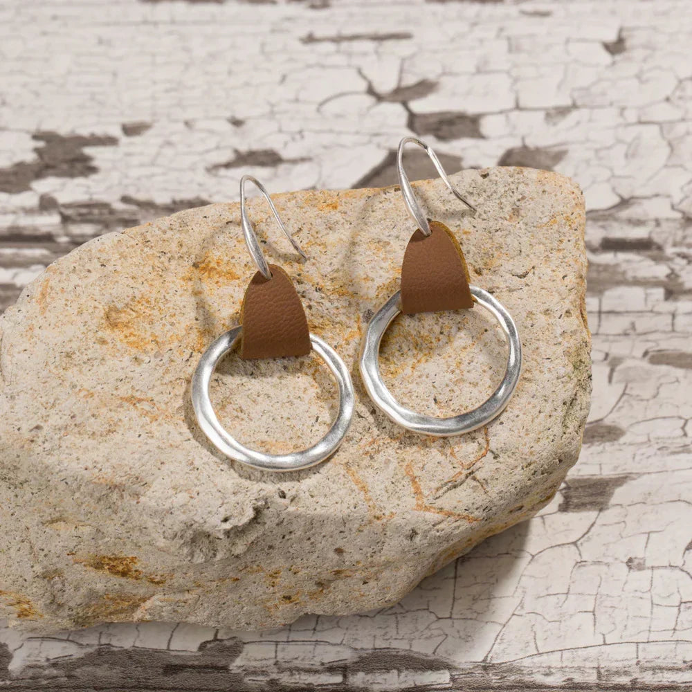 Simple Fashion Brown Leather Stitching Round Ring Earrings