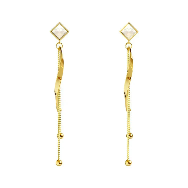 Silver Needle Geometric Square Long Curved Stick Slimming Earrings Temperament Wild Tassel