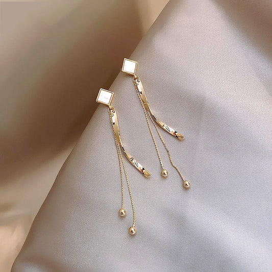 Silver Needle Geometric Square Long Curved Stick Slimming Earrings Temperament Wild Tassel
