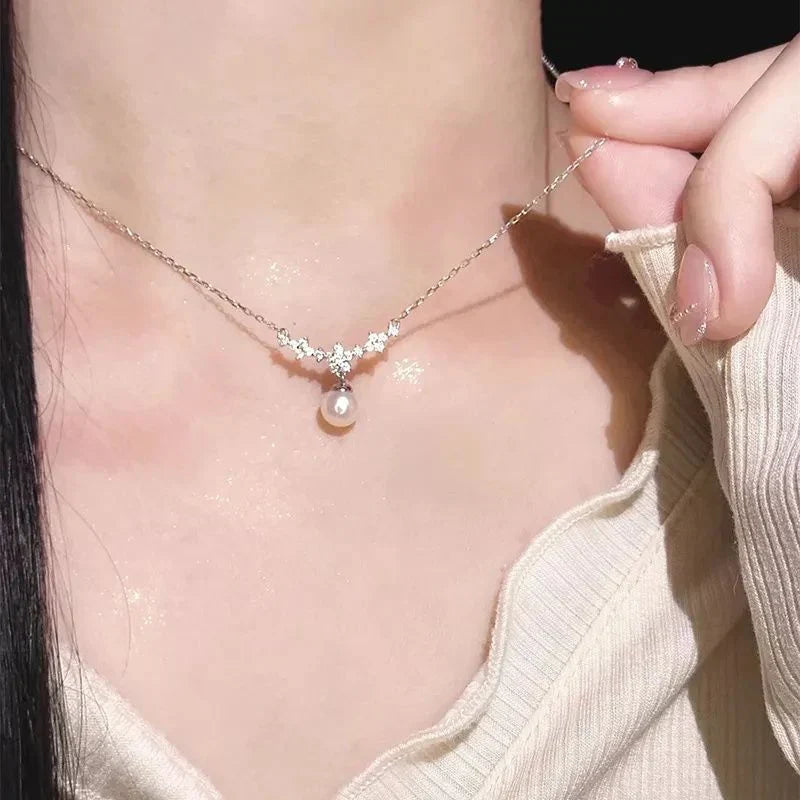 Single Small Pearl Zircon Necklace For Women