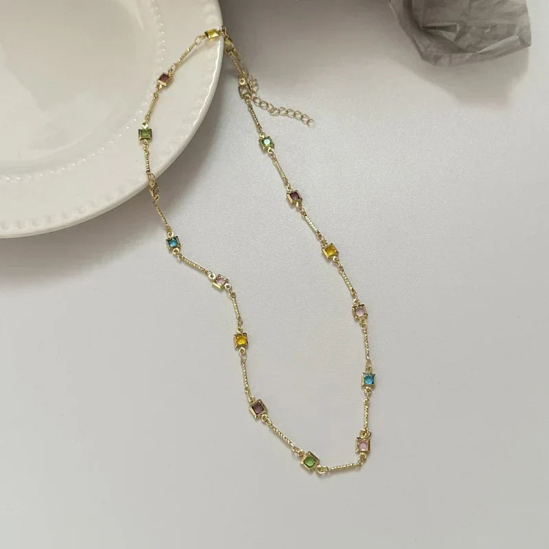 Rainbow Gem Necklace Simple Clavicle Chain