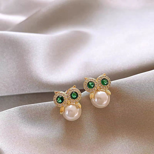 Owl Zircon Pearl Stud Earrings Female Design