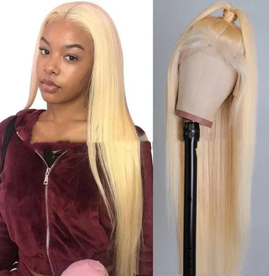 Mid-length Straight Light Gold Warm Silk Female Real Human hair
