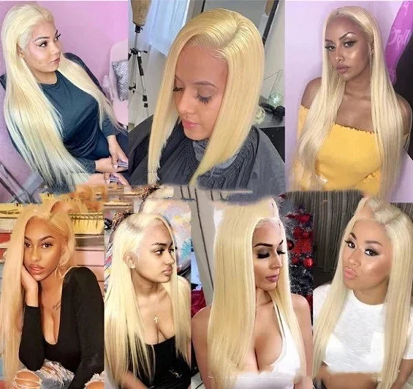 Mid-length Straight Light Gold Warm Silk Female Real Human hair